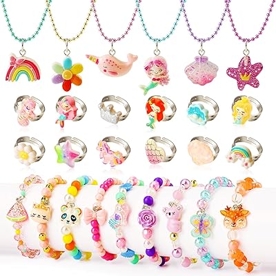 Little Girl Jewelry Set, Princess Jewelry for Toddler Girls 4-6 3-5, Gifts for 5 Year Old Girls Toys, Kids Play Necklaces Rings Bracelets 6-8, Mermaid Costume Dress Up Jewelry 3 4 6 7  Childrens Gift