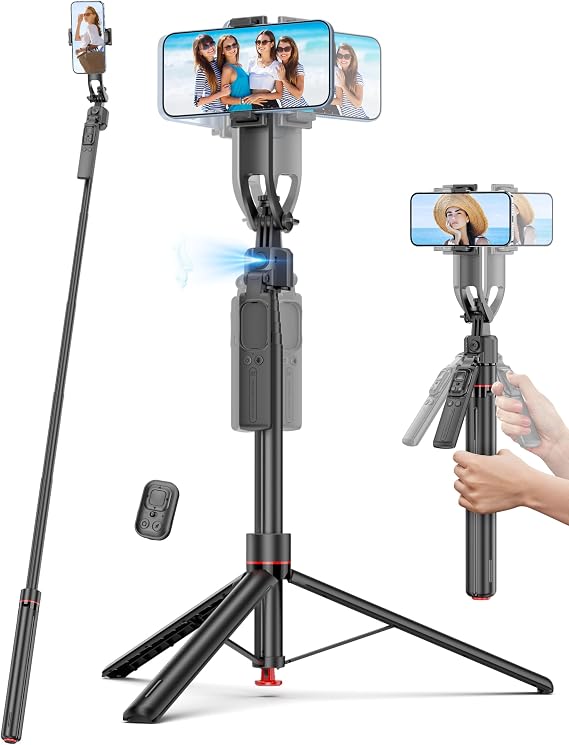 69'' Auto Face Tracking Selfie Stick Tripod Stand, Automatic Phone Tripod, Auto-Open Travel Tripods for iPhone/Cell Phone with Remote, Gesture Control, No App, Built-in AI Camera for Vlog Recording TK
