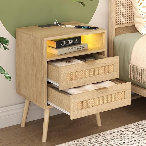 Rattan Nightstand with Charging Station and Drawers, Bedside Table, Natural | 2 Drawers, RGB LED Strip, Power Outlet & USB Port, Open Storage, Night Stand Bed Side Table End Table Bedroom Living Room