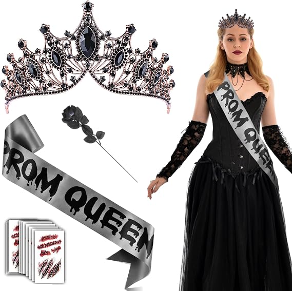 Halloween Prom Queen Costume Accessories Set - Includes Tiara, Satin Sash, Tattoo Stickers & Black Rose for Women's Dress Up