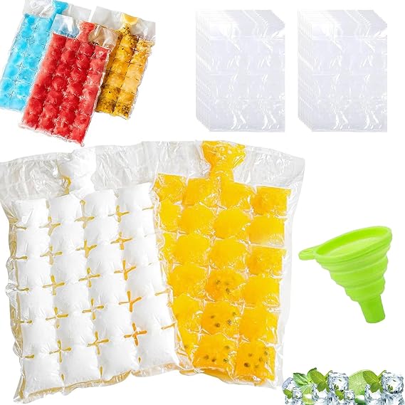 60 Pack Ice Cube Bags (1440 Cubes) with Silicone Funnel, Self-Sealing Leak-Proof Design, Perfect for Cocktails, BBQs, Parties & Food Storage, Space-Saving Reusable Freezer Bags