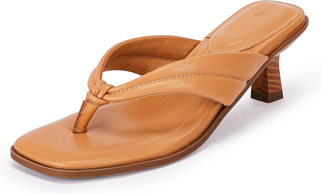 Coutgo Womens Kitten Heel Thong Sandals Flip Flops Slip On Square Open Toe Slippers Low Stacked Heeled Mules