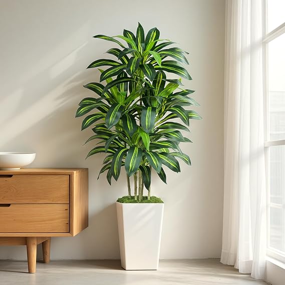 5ft Artificial Dracaena Tree with White Planter, 150cm Tall Tropical Fake Plant with 105 Leaves, Faux Artificial Tree Indoor for Office Room Modern Decor