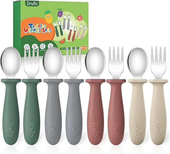 DRKIO 8 Pcs Toddler Utensils Set Kids Silverware with Forks and Spoons