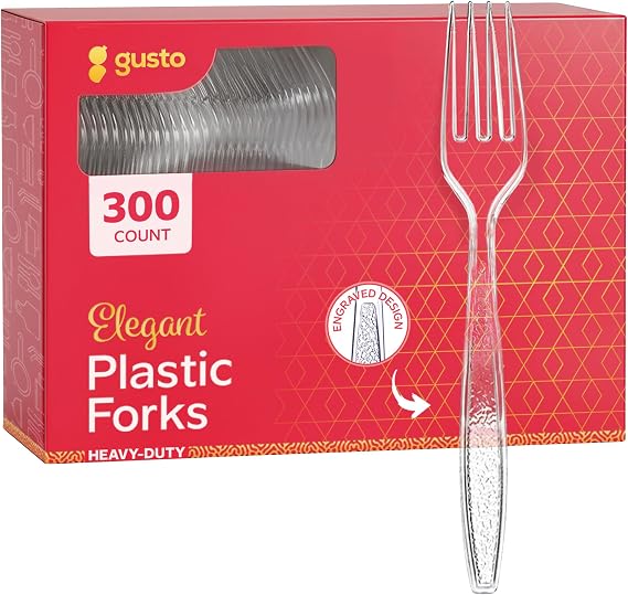 GUSTO Heavy Duty Disposable Clear Plastic Forks [300 Count] Engraved Design