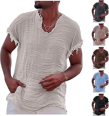 Mens Vintage Linen T-Shirts Short Sleeve V Neck Beach Tees Raw Edge Plain Hippie Yoga Shirts Loose Summer Shirt Tops