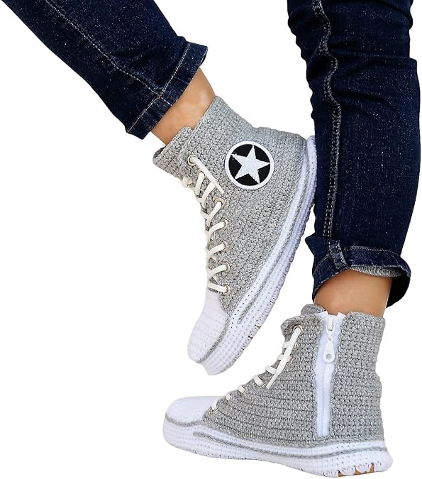 Handmade Crochet Men's And Women Unisex Slippers, Crochet House Slippers For Women, Classic Colour High Top Inspired Slippers Custom Home Sneakers