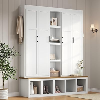 Farmhouse 4-in-1 Hall Tree with 6 Hanging Hooks, Open Compartments, Seating Bench, Multi-Functional Entryway Organizer Shoe Cabinet for Living Room, Hallway White4-in-1