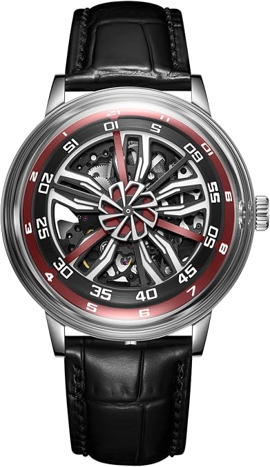 OBLVLO Skeleton Automatic Watch for Men, Stainless Steel, Waterproof, Tyre Design (Red)