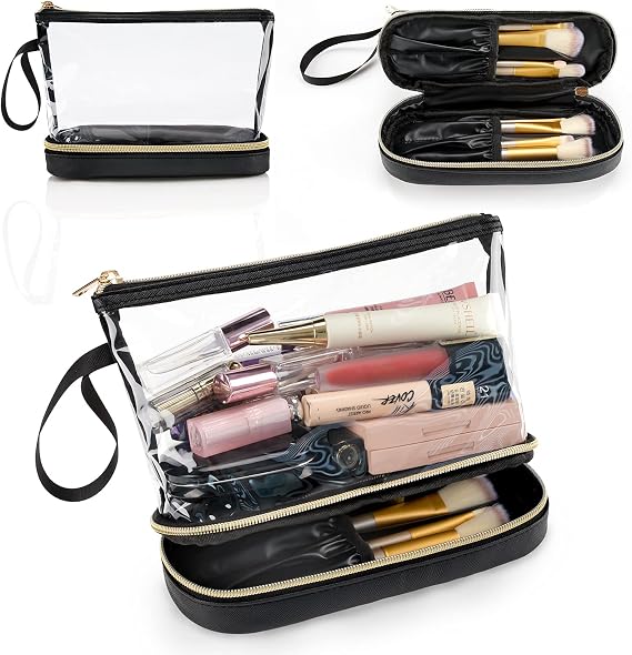Clear Makeup Bag Small Travel Makeup Bag with Brushes Organiser Compartments, TSA Approved Toiletry Bag for Travel Size Toiletries, Holiday Essentials Women, Black