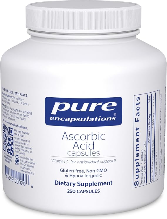 Pure Encapsulations Ascorbic Acid Capsules, 250 Capsules | 1,000 mg Vitamin C, Antioxidant and Immune Support*, High-Potency Vitamin C, Vegan and Non-GMO