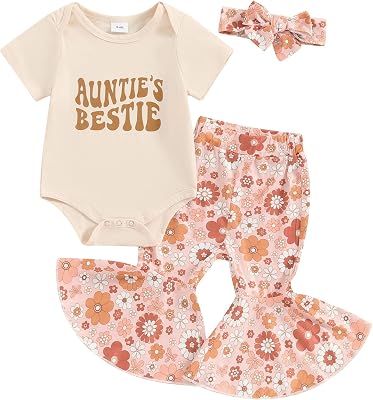 Aunties Bestie Baby Clothes Girl Baby Girl Aunt Saying Letter Romper Shirt Floral Flare Pants Headband 3Pcs Outfit