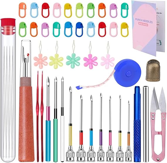JNENERY Punch Needle, 43 Pieces Punch Needle Tool Embroidery Kit | Punch Needle Embroidery Kit with Embroidery Tools, Seam Ripper, Threader and Thimble, Needle Punch Kits for Beginners