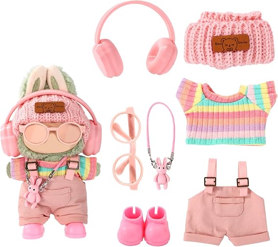 7pcs , Adorable Rainbow Top Clothes Pants Headphones Glasses Bag Hat and Shoes Fashion Doll Outfit Set for Dressing & Displaying