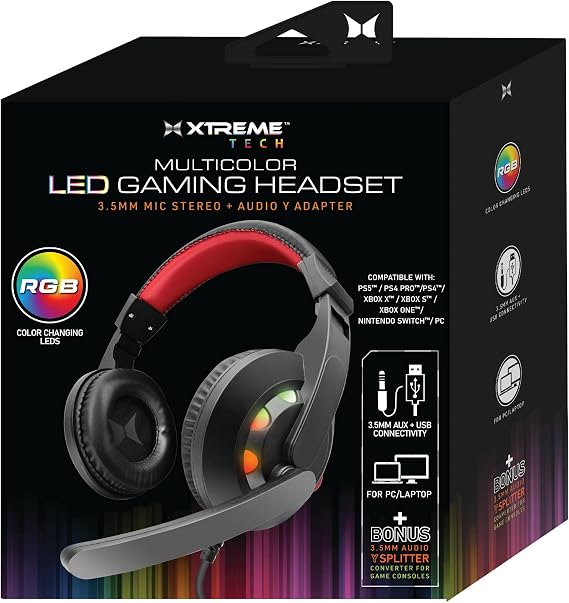 XTREME Gaming PC Headphones LED Lights, Wired Headset, Color Flow Effects, RGB Multicolor, Universal Desktop PC Support