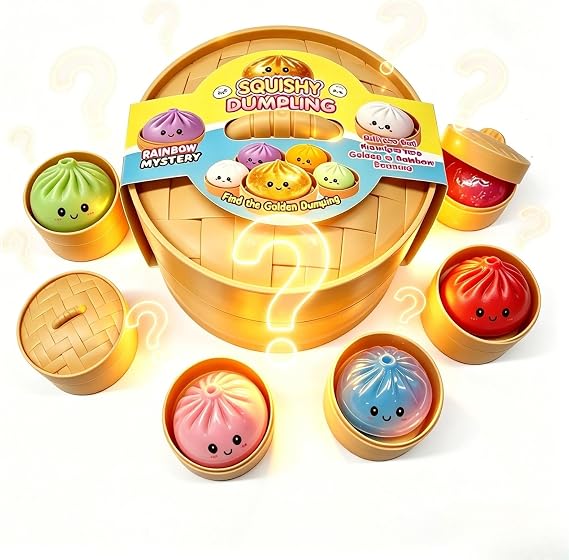 Mini Dumpling Squishy Mystery Box,Dumpling Squishy Mystery Box Mini,Surprise Squishies For Teens & Adults,Stress Relief Fidget Sensory Collectible (6 Packs mini dumplings and a large steamer gift box)