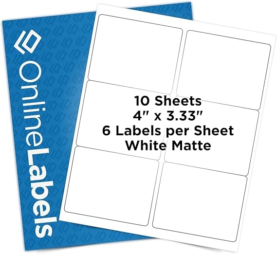 OnlineLabels 4" x 3.33" Labels - White Matte - Inkjet/Laser - 10 Sheets | Permanent Adhesive, Blank Rectangle Labels, Inkjet and Laser Compatible, Ideal for Shipping, Wine Bottles, Pallets