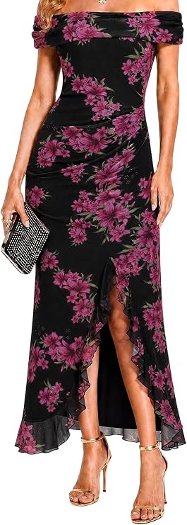 Off Shoulder Floral Maxi Dresses Wedding Guest Dresses for Women | Floral Print Mesh, Ruffled Hem, Split Detail, Figure Hugging, Stretchy Ruched Fitted for Cocktail Wedding Guest Events