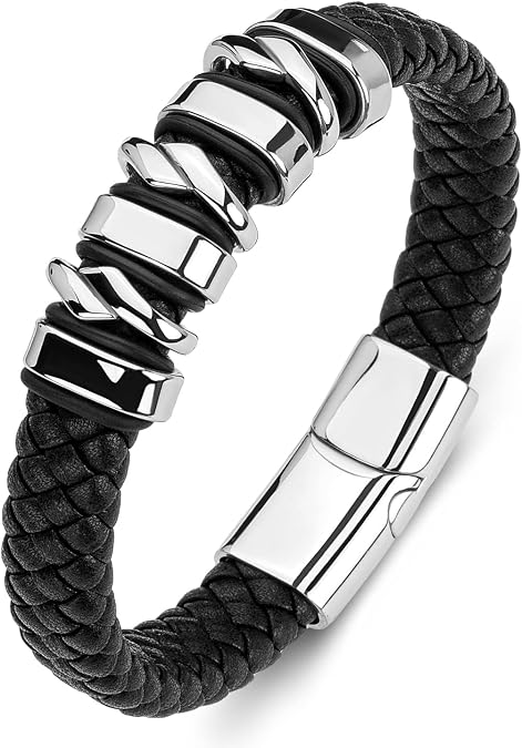 Leather Bracelet for Men Braided Cuff Wristband Stainless Steel Clasp in Silver and Gold Jewellery Gift