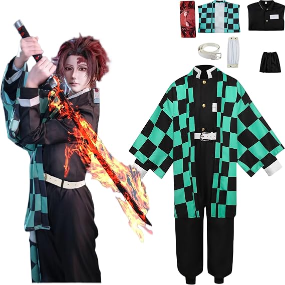 Kamado Full Set Men Cosplay Kamado Women Plus Size Costume Green Coat Adult Green kimono Halloween Party