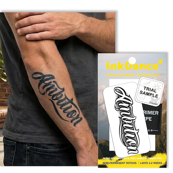 Semi-Permanent Tattoo, Chicano Lettering, Ambition Script, Long Lasting Temporary Tattoos, Waterproof Plant-Based Ink, Lasts 1-2 Weeks, Color Develops in 24 Hours D025