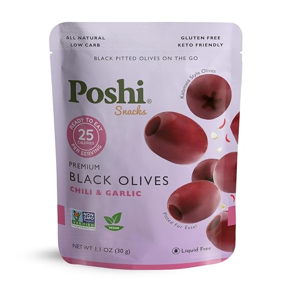 POSHI Black Pitted Pitted Olives - Chili & Garlic | Vegan, Kosher, Gluten Free + Keto Friendly, Fresh, All Natural Low Calorie Healthy Snacks | (30 Pack, 1.1oz Bags)