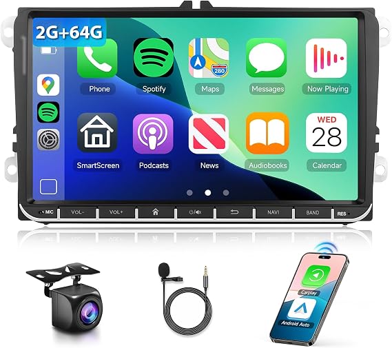 2G+64G for VW Passat Tiguan Golf Jetta T5 EOS Polo Skoda Android Car Stereo with Wireless Carplay Android Auto, 9 Touch Screen Bluetooth Car Radio Support GPS Navigation WiFi FM SWC+Backup Camera