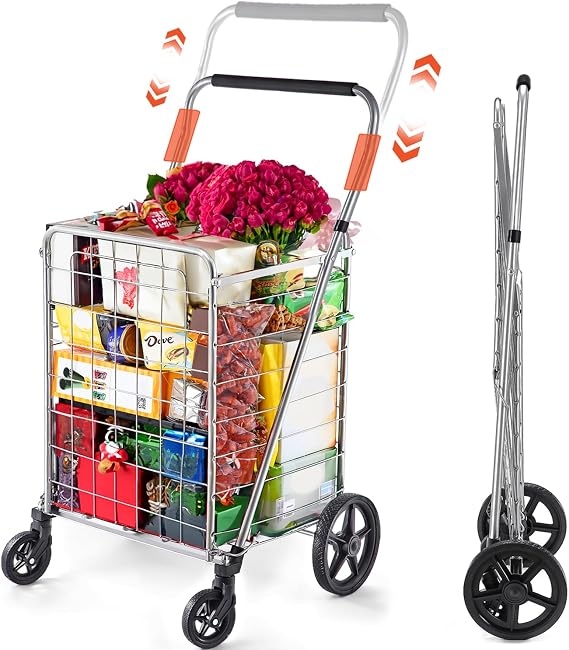 Wellmax Grocery Cart & Folding Shopping Cart, 90 lb Max, Adjustable Handle