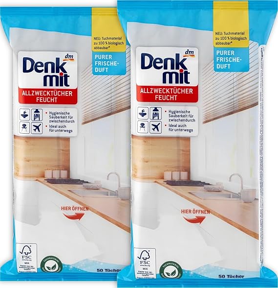 Denkmit Moist all-purpose Wipes Pure Freshness, pack of 50 - With a pleasant fresh fragrance - Hygienic cleanliness for at home and on the go/Germany