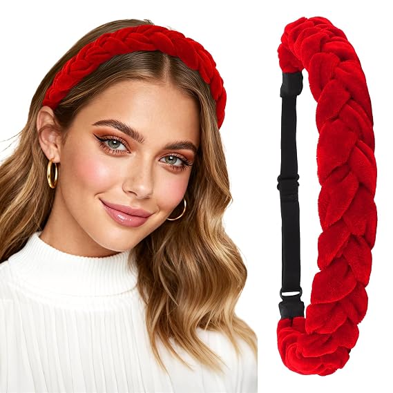 Wecoe Red Headband - Valentine's Day Headband Adjustable Elastic Velvet Braided Hairband Christmas Hair Accessories for Women & Girls Gifts