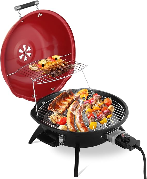 Tabletop Electric Grill with Temperature Control, Electric Countertop BBQ Grill, Portable Double Layer Grill for Indoor & Outdoor Use, 1600W, Red