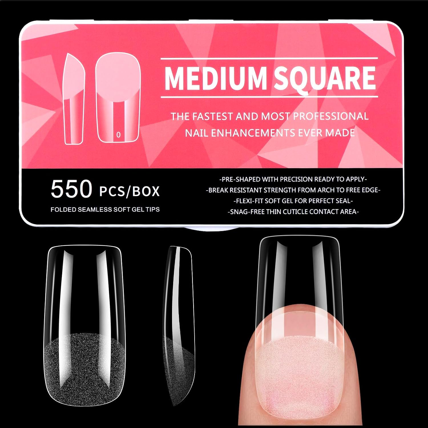 Diboniur Medium Square Nail Tips - 550PCS Full Cover, 11 Sizes Half Matte Soft Gel Tips for Gel Extensions, French Manicure and Nail Art