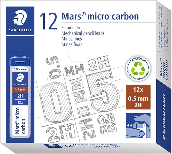 STAEDTLER Mars Micro Carbon Mechanical Pencil Refills, Tube of 12 0.5mm, Pack of 12 Tubes, 2B Soft Fine Point Graphite Leads, 250 05-2B