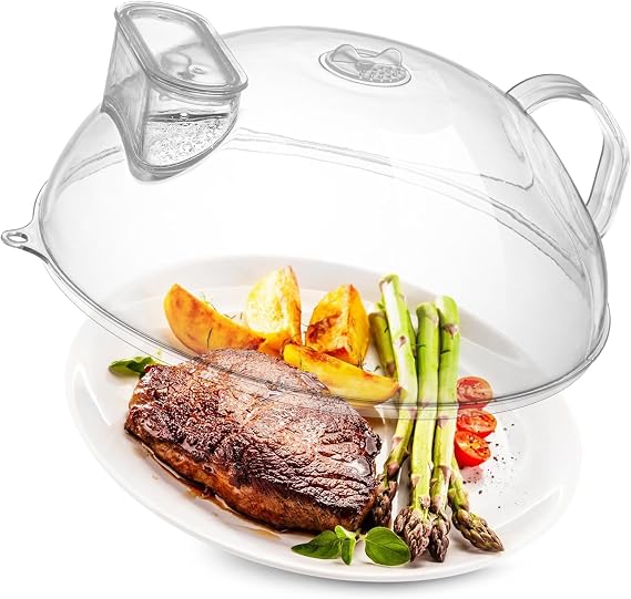 10" Clear Microwave Splatter Cover Water Steamer Integrated Handle | Integrated Handle, Water Steamer, BPA-Free, Clear PC, 10 Inch, Dishwasher Safe, Steam Vent, Food Grade, Splatter Guard