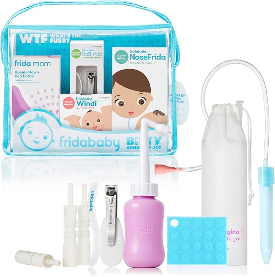 Frida Baby Bitty Joy Mom & Baby Essentials Healthcare & Grooming Gift Kit includes Perribottle, Nose Free Knots Soccer, Windygas Passer & Nail Clipper + File Set
