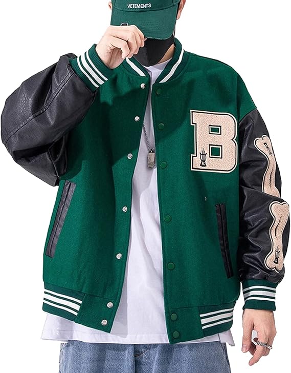 Moshtashio Varsity College Jacket Baseball Jackets Vintage Outwear with Pockets Unisex Coat Patchwork Top