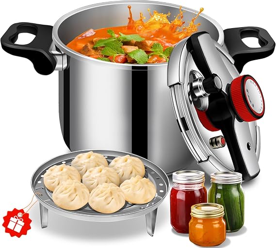 Stainless Steel Pressure Cooker 8 quart Commercial Stove Top Pressure Cooker for canning, pressure cooker 8+ quart, Compatible with Gas & Induction, Fast Cooking for large Meals, Dishwasher Safe,