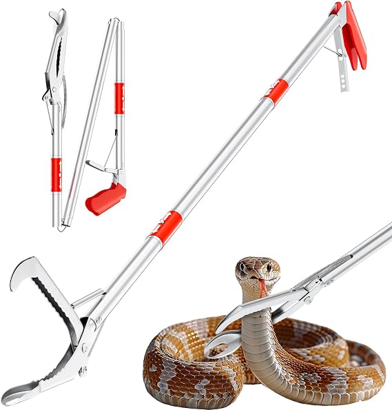 50" Collapsible Snake Grabber Tongs, Stainless Steel Snake Catcher Tool | Wide Jaws & Non-Slip Handle Humane Reptile Handling Tool for Home, Yard & Outdoor Safety