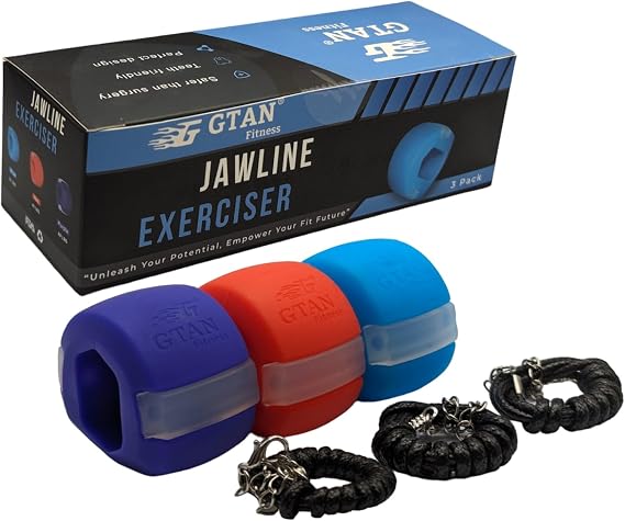 GTAN Jawline Exerciser, Jaw Trainer (UK Fitness Brand) Pack of 3 (30, 40 and 60 LBS Resistance), 12 Biting Strips & 3 Necklaces, Build and Strengthen Your Jaw for an Enhanced Facial Definition