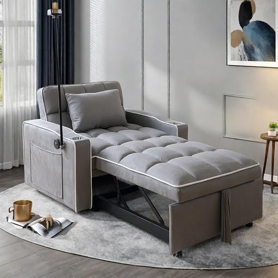 Convertible Sleeper Chair, Pull Out Chair Sleeper with Bracket and Cup Holder, Chairs Bed Sleepers for Adults, 3 in 1 Sofa Bed Chairs for Small Spaces, Living Room, Dark Gray