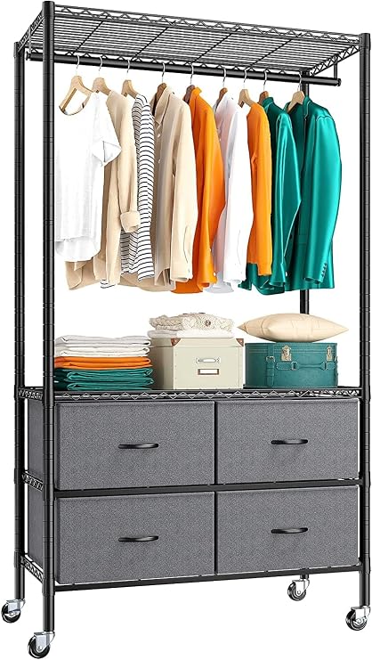 Raybee Rolling Clothes Rack, Portable Closet for Bedroom,Dorm, 4 Drawers