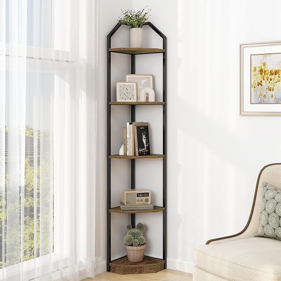Dreamland 5-Tier 70in Metal Corner Shelf Pack of 1, Rustic Brown | Metal Frame, Wood Display Shelf, Standing Book Shelf, Storage Organizer, Living Room, Bedroom