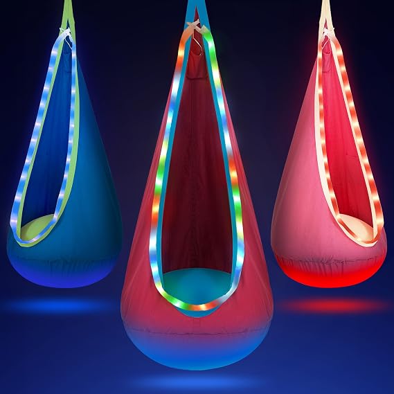 OUTREE Light Up Pod Swing Seat, Sensory Swing with LED Light, Cotton Kids Chair for Indoor and Outdoor, Hammock Chair Easy to Install, Red
