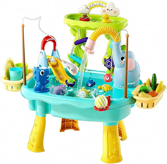 Artmeer 2026 Toddler Sand and Water Tables with Electric Pump Faucet, Play Sink with Running Water, Kitchen Faucet Toy, Fishing Toys, Ages 3 and Up, Blue