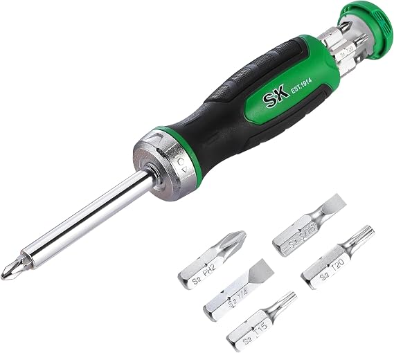 SK 7-in-1 Ratcheting Screwdriver, 216-P, 6 Bits (Phillips, Star, Slotted), 1 Nut Driver Size (1/4 Inch), S2 Steel, SureGrip Handle