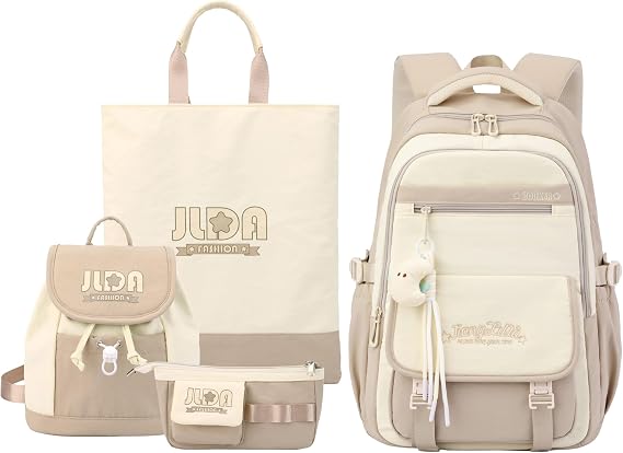 JiaYou Lightweight Backpack for Middle School Girls Large Capacity Campus Daypack(Khaki-4Pcs,29 Liters)