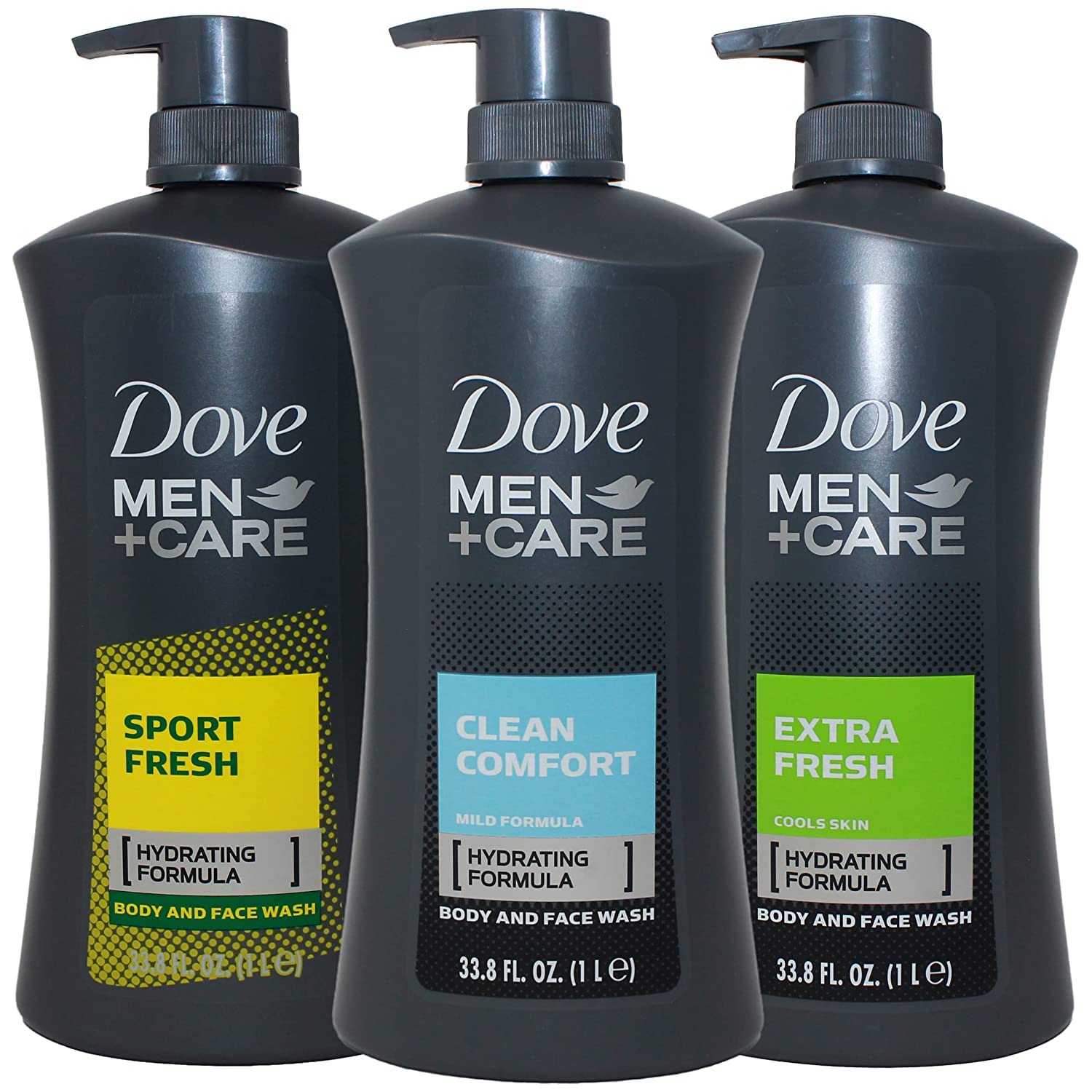Dove Men Body Wash, Variety Set of 3, Clean Comfort, Extra Fresh and Sport Fresh, 1 Liter Pump Bottle
