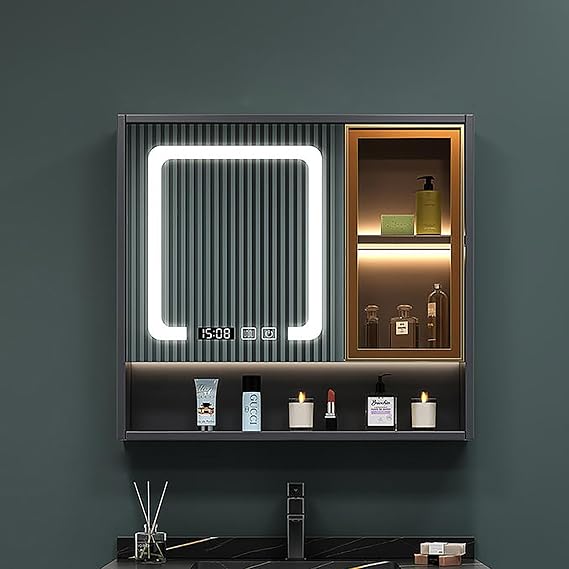 Bathroom medicine cabinet mirror, Mirrored Medicine Cabinets for Bathroom Mirror Cabinet, bathroom mirror with storage, Solid wood With LED light bathroom vanity mirror cabinet, wall cabinet(Black,80x