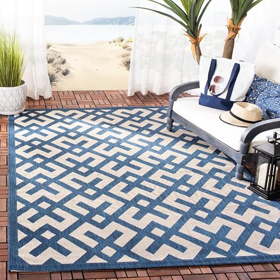 SAFAVIEH Washable Rug Outdoor Courtyard Collection - 4' x 5'7", Navy & Beige, Non-Shedding & Easy Cleaning, Ideal for Patio, Backyard, Mudroom (CY6915-268)
