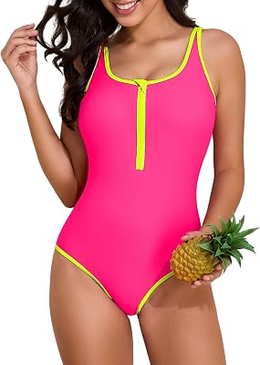 Zando Womens One Piece Swimsuit Athletic Zipper Front Bathing Suits Square Round Neck Low Back Swimwear